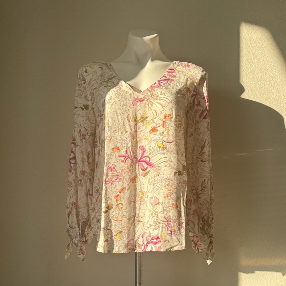 Anthropologie Floral V-Neck Blouse - Pink, Yellow, Cream